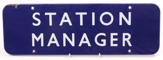 A British Rail Eastern Region flanged enamel sign reading 'Station Manager', with four fixing holes,