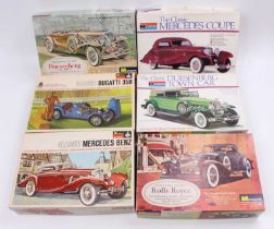 Monogram Classic 1/24th scale model kit group, 6 examples comprising a Bugatti 35B, 2x Mercedes Benz