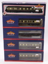 Five Bachmann Branch-Line coaches: Four Collett GWR 34-075A; 34-053A; 34-076A & 34-127A; 39-624 SE&