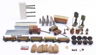 Small box containing various ‘loads’ – Hornby trunks, sacks, milk cans. With two barrows, weighing