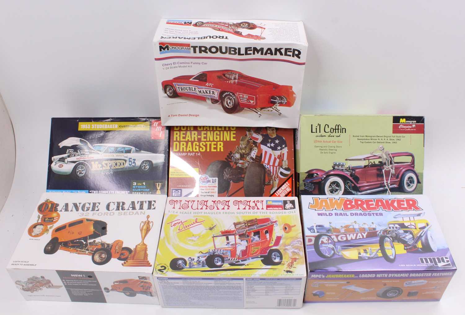 Monogram, MPC, AMT, and Revell 1/24th and 1/25th scale model kit group of 7, with examples including