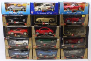 15 Burago 1/18th scale diecasts, with examples including a Jaguar E type Cabriolet, a Porsche 911, a