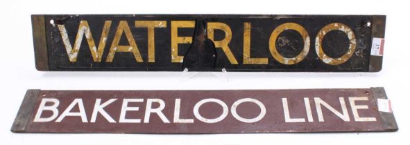 2x London Underground coach boards. 1x Waterloo/Special in black, 1x Bakerloo Line in brown. Average