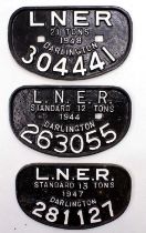 3 x LNER Darlington D type wagon plates repainted, comprising of 281127, 263055 and 304441. All in