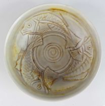 A 1930s Royal Lancastrian pottery bowl, the interior incise decorated with stylised carp, painted in
