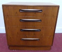 A 1960s G-Plan 'Fresco' teak compact chest of four drawers, raised on plinth with curved integral