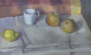 Jane Bennett (b.1960) - Still life apples with lemon and coffee cup, oil on board, signed lower