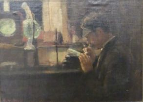 Mid-20th century European school - Gentleman in an Interior, oil on board, indistinctly signed lower