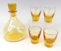 A 1930s tinted amber glass liqueur set, comprising; mallet shaped decanter and stopper, h.18cm,