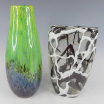 A contemporary art glass vase, of slightly teardrop shape, with bright colour cased and trailing
