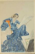 Louis Icart (1888-1950) - Seated lady in a blue dress, lithograph printed in colours, signed in