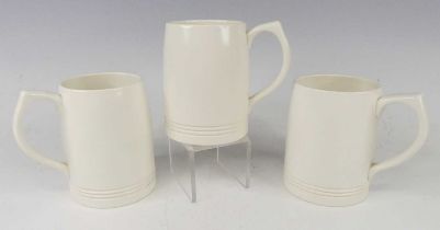 Keith Murray (1892-1981) for Wedgwood - three Moonstone pottery tankards, each white painted with