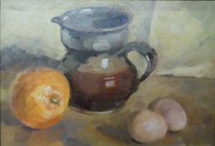 Jane Bennett (b.1960) - Still life orange with eggs and a jug, oil on board, signed lower right,