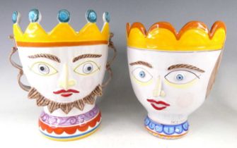 A pair of large contemporay Italian pottery vases by Desimone, modelled as a King and Queen, each