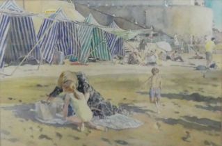 Richard Peter Cook (b.1949) - Sunbathers at St Malo Beach, watercolour, signed lower right, 30.5 x