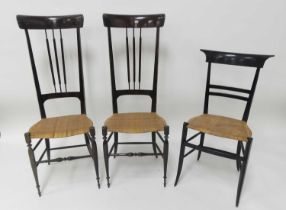 Enzo Rotella - a pair of 1950s Italian Chiavari chairs, lacquered wood with cane seats, raised on