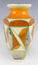 A large 1930s Clarice Cliff Abstract Bizarre pattern pottery vase, of hexagonal form, bright