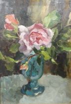 Jane Bennett (b.1960) - Still life pink roses in a vase, palette knife oil on board, signed lower