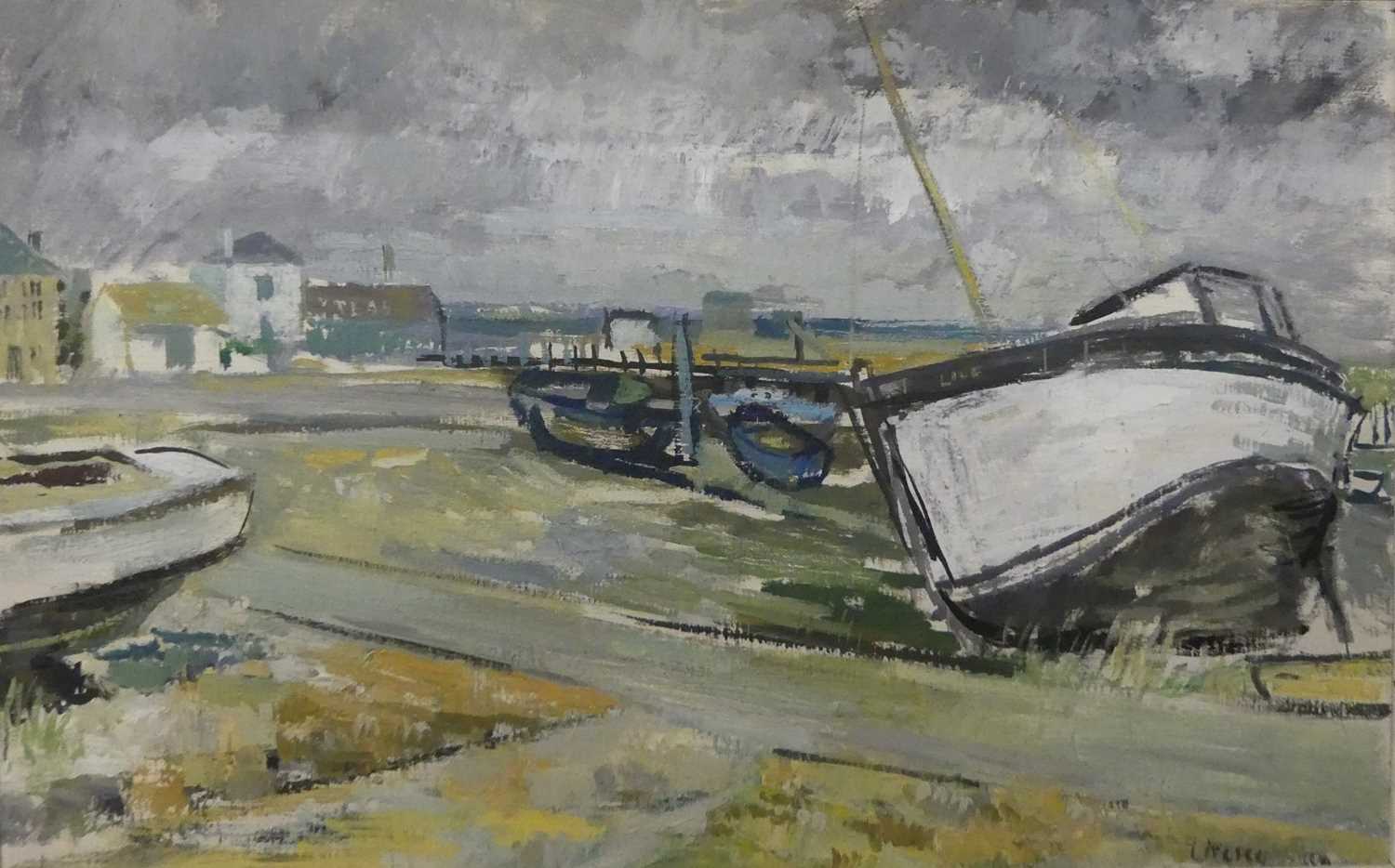 John Livesey (1926-1990) - The White Boat, Old Hastings, 1960, palette knife oil on board, signed