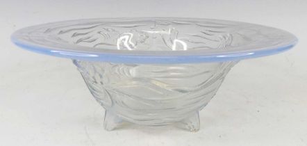 A 1930s Joblings moulded glass opalescent table bowl, the exterior decorated with raised koi carp,