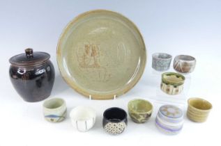 A collection of sundry studio pottery, to include; L.Gardner shallow circular dish, incise decorated