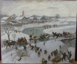 Tibor Polya (1886-1937) - Continental scene; playing in the snow with chariot and buildings