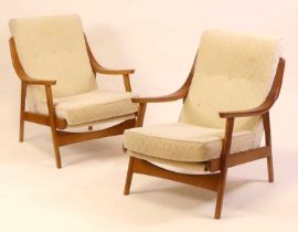 A pair of 1960s Beautility beech framed open armchairs, cream fabric button back upholstered with