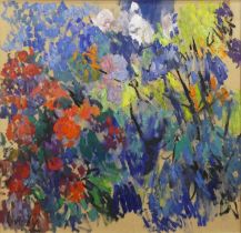 John Livesey (1926-1990) - Abstract study of flowers, palette knife oil on canvas laid onto board,