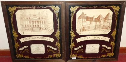A pair of framed displays under glass, one being Chateau d'Yquem, the other Chateau Margaux,