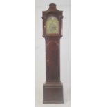 A circa 1800 mahogany longcase clock, having an unsigned 12" arched brass dial, with rolling moon