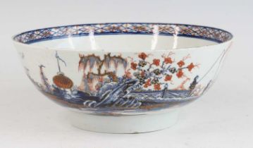 A Liverpool porcelain bowl, probably Chaffers, circa 1760, decorated with fishermen in iron red,