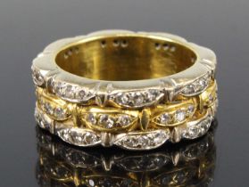 A yellow and white metal diamond three-row full hoop eternity ring, each row with 24 round brilliant