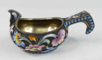 An early 20th century Russian silver and cloisonne enamel kovsch, of typical oval form with convex