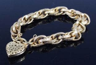A contemporary 9ct gold belcher link bracelet, each link chased with a single band of leaves and
