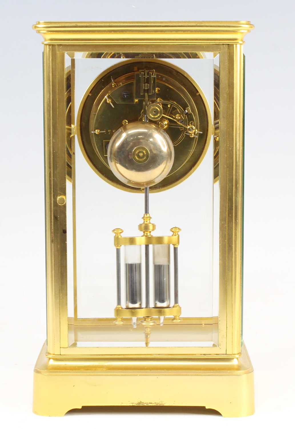 A late 19th century French lacquered brass four-glass mantel clock, having an unsigned white - Image 5 of 5