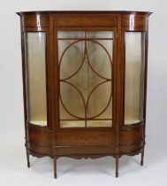 A circa 1900 fiddleback mahogany and inlaid china display cabinet, of D-shape, having a floral