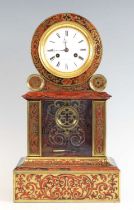 A late 19th century French boulle mantel clock, the white enamel Roman dial signed Potoniè Paris,