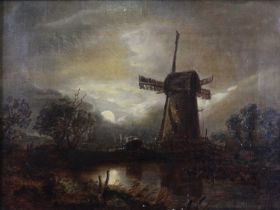 Attributed to John Berney Crome (1794-1842) - A Norfolk windmill at moonlight, oil on canvas, 22 x