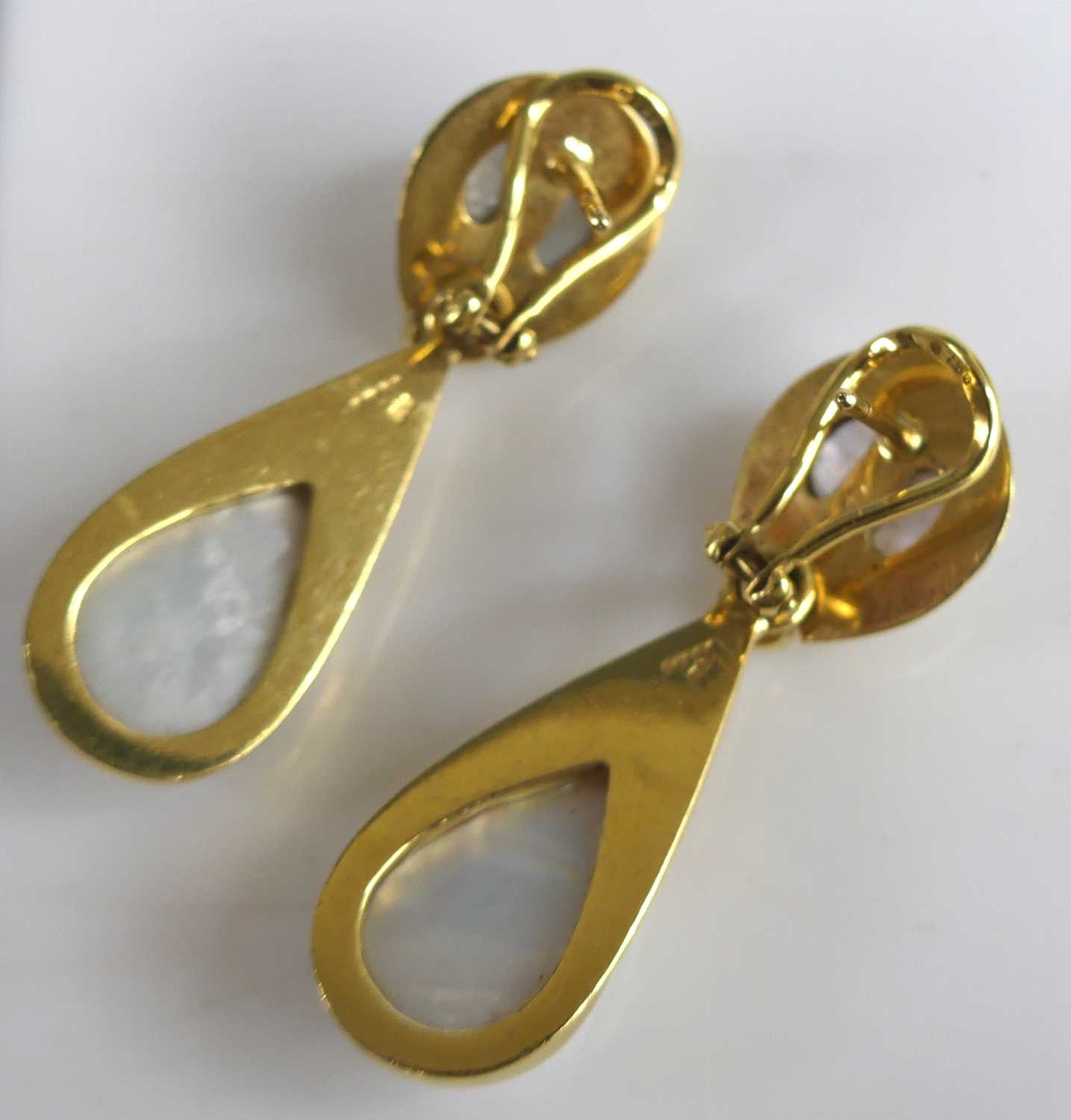 A pair of 18ct yellow gold pearl and diamond drop earrings, each comprising a 19.1 x 12.1mm pear - Image 3 of 3