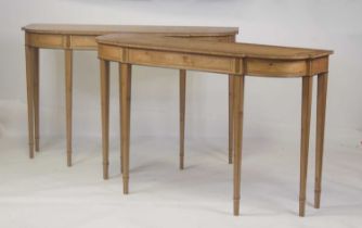 A pair of contemporary oak, burr oak and crossbanded console/hall tables, each of D-shape with