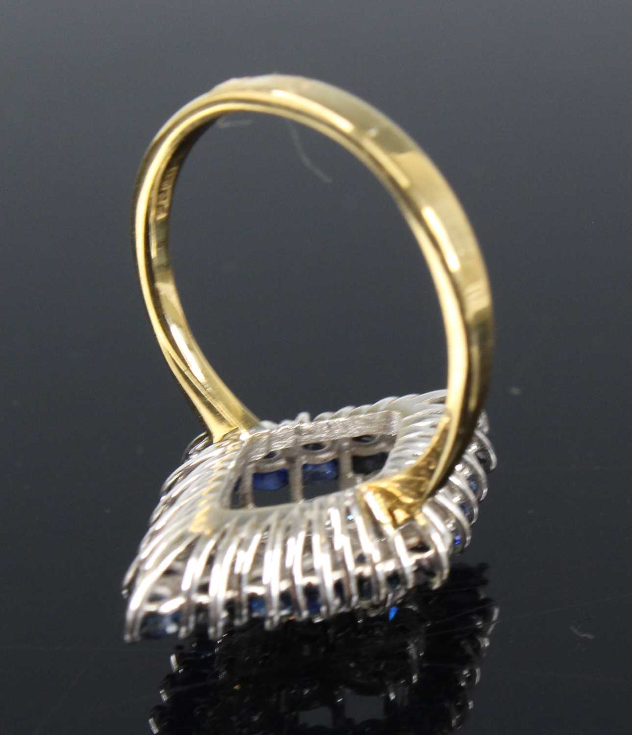 An 18ct yellow and white gold, sapphire and diamond navette shaped cluster ring, comprising a centre - Image 4 of 4