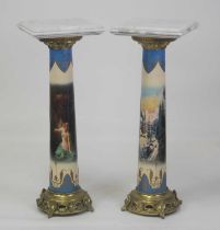 A pair of gilt and enamelled metal marble topped continental torchere, the square tops having