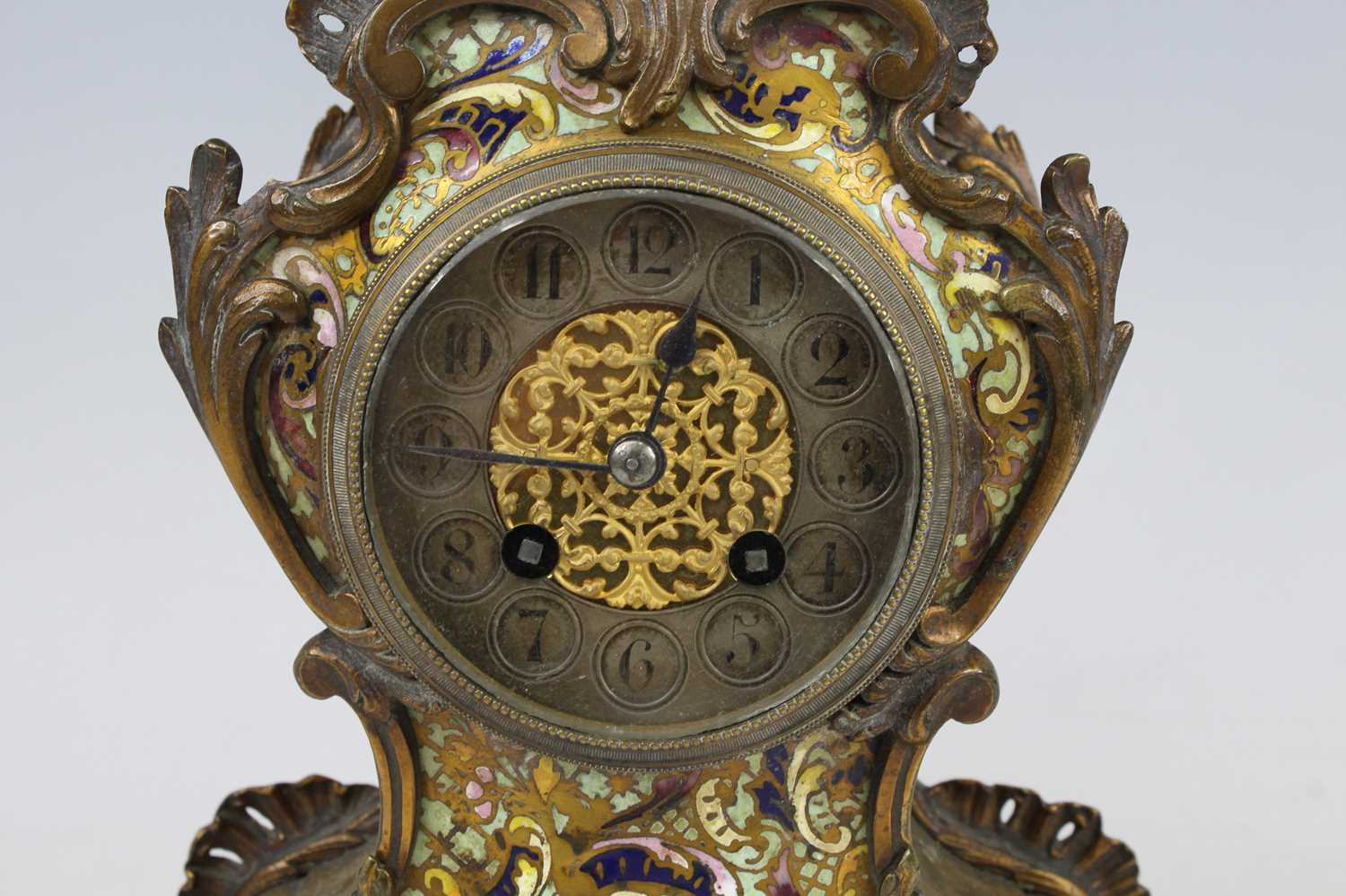 A late 19th century French gilt brass and champleve enamel fronted balloon shaped mantel clock, - Image 2 of 3