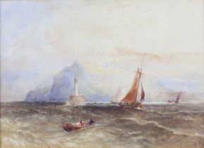 Copley Fielding (1787-1855) - Boats off a rocky coastline with lighthouse, watercolour, signed lower