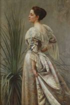 Henry John Hudson (1881-1919) - Portrait of a lady standing in an elegant ballgown, oil on canvas,