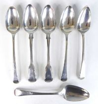 A harlequin collection of six principally late 18th century silver tablespoons, two being Fiddle &