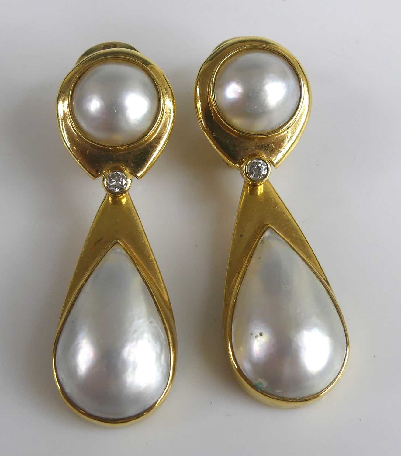 A pair of 18ct yellow gold pearl and diamond drop earrings, each comprising a 19.1 x 12.1mm pear - Image 2 of 3