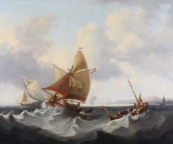 19th century continental school - Dutch barges in a swell off the coastline, oil on canvas (re-