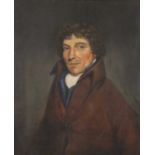 Circa 1830 English school - half-length portrait of a gentleman wearing a brown overcoat, oil on