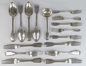 A part suite of Victorian silver cutlery, comprising four tablespoons, six table forks, five dessert